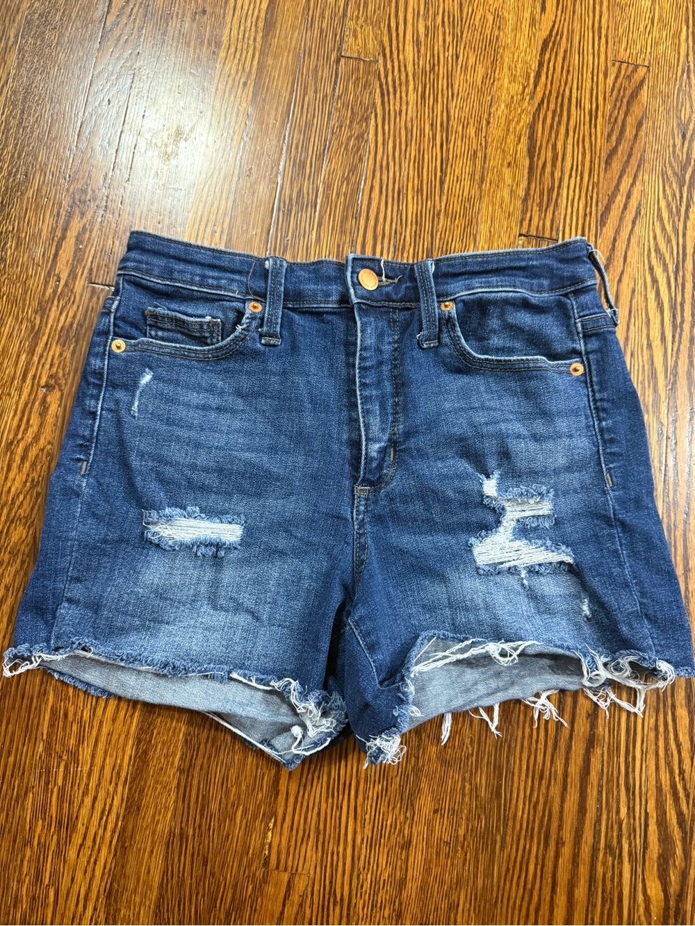 Universal Thread High Rise Midi Denim Shorts Size 6 Distressed Frayed Cutoff